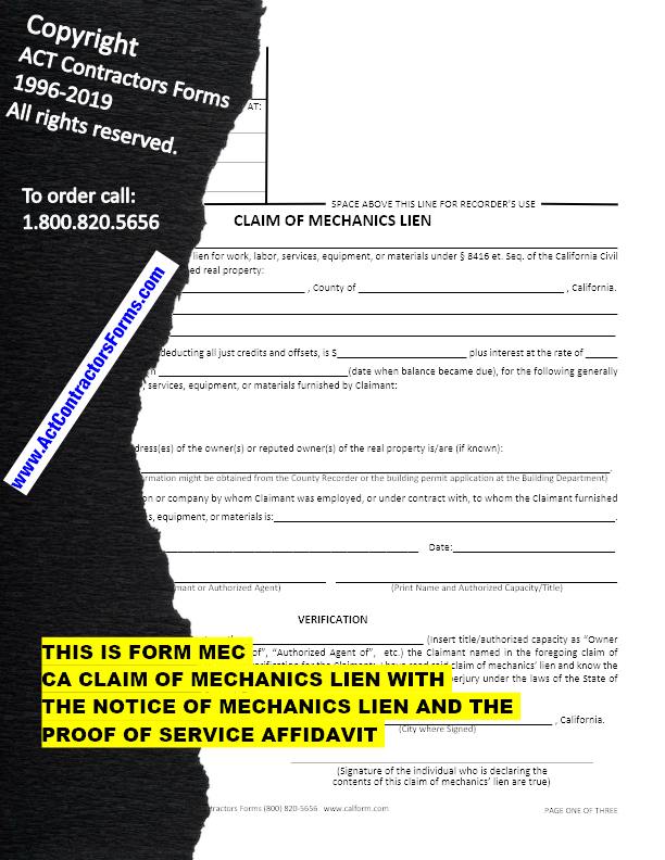 California Claim of Mechanics Lien Form, Notice of Mechanics Lien ...